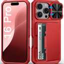 for iPhone 16 Pro Phone Case Wallet, Built-in Card Holder (4-5 Cards), Military Grade Protection, Slide Camera Lends Cover, Hard Heavy Duty Women Girly Men Protective Case for iPhone 16 Pro, Red