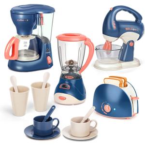Pretend Play Kitchen Appliances Toy Set with Coffee Maker Machine,Blender, Mixer and Toaster with Realistic Light and Sounds for Kids Ages 4-8