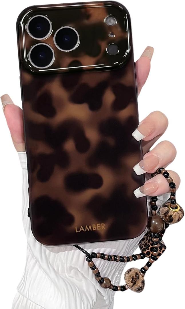 NITITOP Compatible for iPhone 17 Pro Case with Chain Lanyard Strap Stylish Leopard Print Brown Amber Tortoise for Women Girls Men Soft TPU Shockproof Protective Cover - Brown