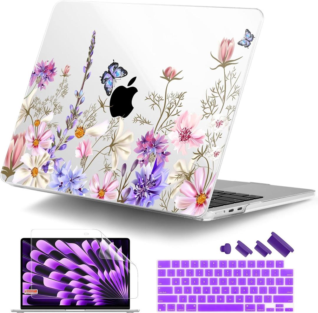 DONGKE Compatible with M5 MacBook Air 15 inch Case 2026 2025-2023 A3448 A3241 A3114 A2941 M4 M3 M2 Liquid Retina Display Touch ID, Protective Hard Shell Cover & Keyboard Skin - Butterfly Floral