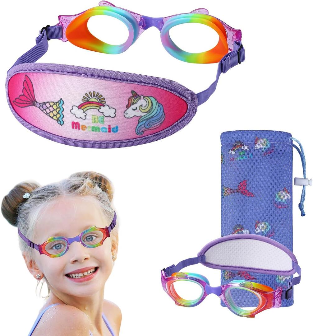 Kids Swim Goggles No Hair PullKids Goggles Fabric Strap, Swimming Goggles with Case for Children Boys Girls (1pk Fish Bungee - Purple Mermaid)