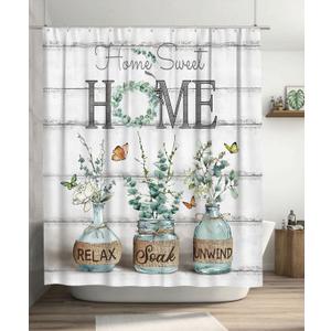 Tijuboni Farmhouse Shower Curtain Green Eucalyptus Shower Curtains for Neutral Country Bathroom Decor Rustic Butterfly Botanical Shower Curtain Set Waterproof Polyester Fabric 60 x 72 Inch (Leaf)