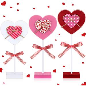 Geetery 3 Pcs Valentine's Day Decoration Heart Wooden Sign Standing Block Love Christian Tables Centerpieces Valentines Decoration Double Printed Table Sign for Wedding Party Favor Supplies (Retro)