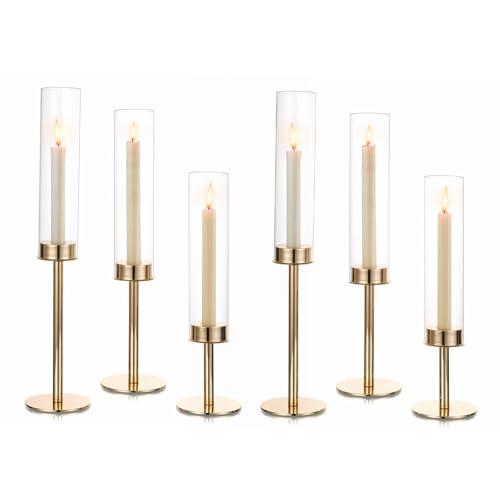 Hewory Gold Candle Holders Hurricane Candlestick Holders, 6Pcs Candle Stick Candle Holder Candelabra, Taper Candle Holders with Glass Candle Cover for Wedding Table Centerpiece Christmas Decor