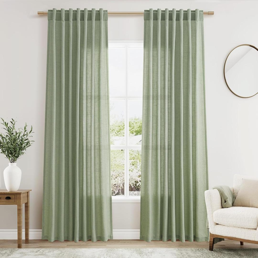 Nanspring Light Sage Linen Curtains 84 Inch Length 2 Panels Set for Living Room Rod Pocket Back Tab Light Filtering Window Drapes for Bedroom Dining Room Protect Privacy Country Farmhouse Decor 52x84