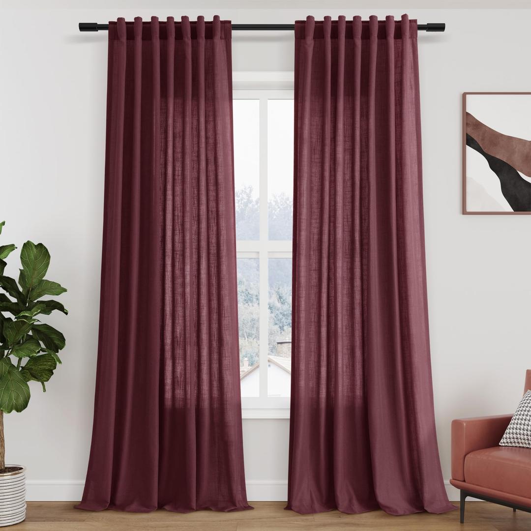 Nanspring Burgundy Linen Curtains Semi Sheer 96 Inches Long 2 Panels Set for Living Room Back Tab Rod Pocket Light Filtering Drape for Bedroom Modern Farmhouse Coastal Decor Protect Privacy 52x96