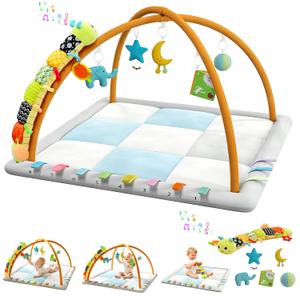 Baby Play Gym & Activity Mat, Baby Tummy time mat w 6 Detachable Toys, Promote Motor Skills & Sensory Development Mat, Newborn Infant Baby Essentials Gift