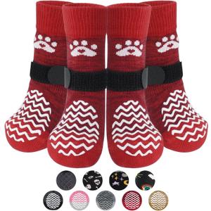 PUPTECK Anti Slip Dog Socks 2 Pairs with Double Grippers for Hardwood Floors, Shoes for Hot/Cold Pavement, Boots & Paws Protectors to Prevent Licking, Traction Booties for Senior Small Large Dogs (Red(Wave))