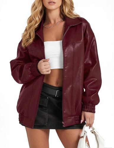 GraceSelect Womens Oversize Leather Jackets Zip Up Faux Motorcycle Bomber Jacket Biker Coats Fall Trendy Fashion Wine Red XL
