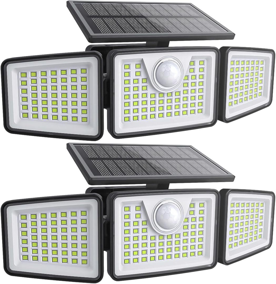 2500LM Solar Lights Outdoor with Motion Sensor,3 Head 270 Wide Angle Street Area Lights,IP65 Waterproof Security Lighting with 3 Modes(Remote,2 Pcs)