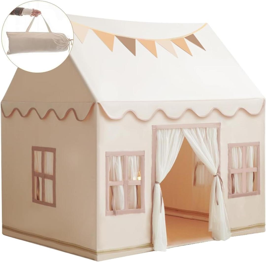 Large Kids Tent Playhouse Base Fabric with Star Lights, Flags and Tote Bags, Kids Play Tent Indoor & Outdoor, Washable Teepee Tent for Boys & Girls, Play House for Toddler, Neutral Color (Cream)