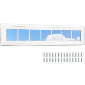 NeatiEase Vinyl Transom Window, 12" x 48" Fixed Glass Household Windows with Grids and Dual-pane Tempered Glass for House, Shed, Doors, Garage, Chicken Coop, Basement (White)