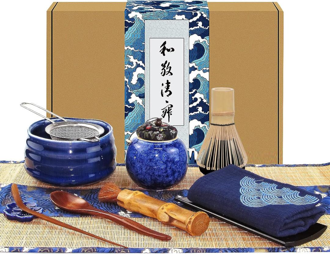 Artcome 12Pcs Japanese Matcha Tea Set - Bowl, Bamboo Whisk, Holder, Brush and Screen - Handmade Ceremony Kit for Traditional Tea Ceremony (Blue)