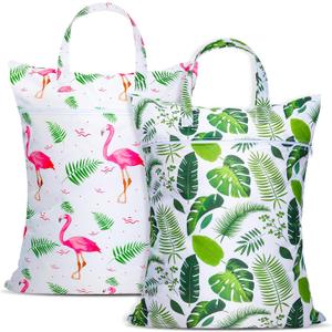 2 Pcs Large Travel Laundry Bag Waterproof with handle Washable Dirty Clothes Bag for Traveling Wet Dry Bag Bathing Suit Workout Bag for Gym Clothes Laundry Wet Clothes Swimming Pool College Dorm (Green Leaf +Flamingo)