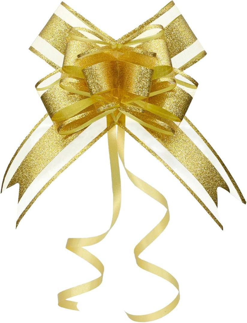 Gold Glitter Pull Bows 6 Inch 10 Pack Instant Gift Bows for Christmas, Graduation, Anniversary, Wedding Presents, Party & Holiday Wrapping