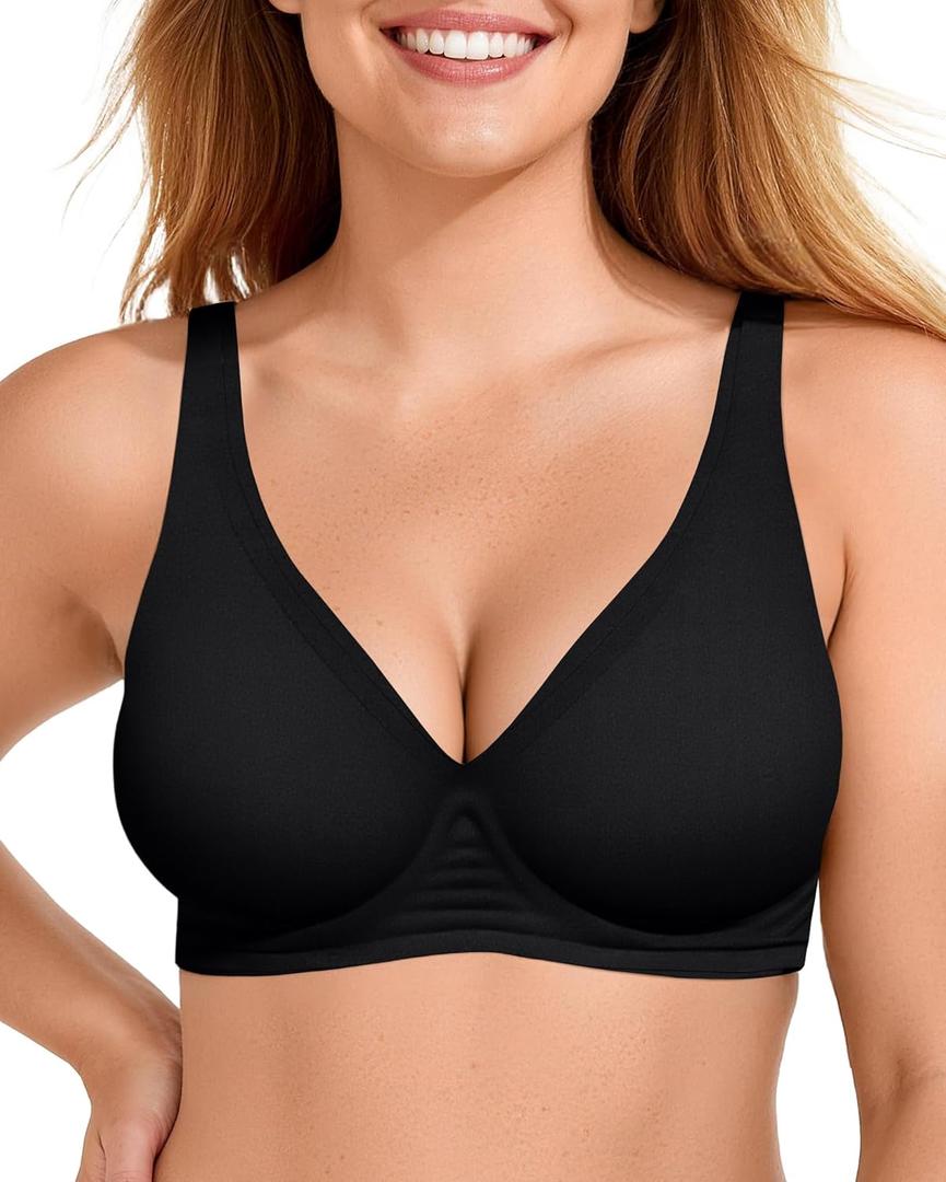 OEAK Womens Deep V Bras Wireless Comfortable Bra Supportive No Underwire Bras Tshirt Push Up Bralettes Plunge Seamless Bra (XX-Large, Carbon Black)