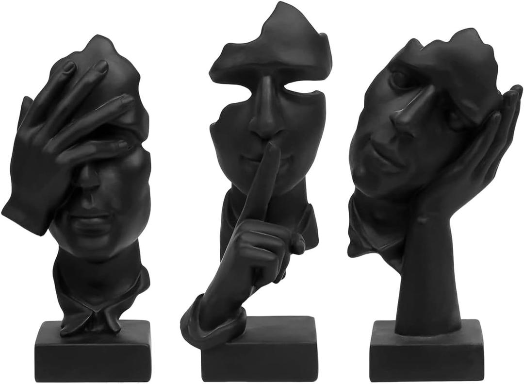 Aboxoo 3 Pcs Thinker Statue, Silence is Gold Abstract Art Figurine, See No Evil Hear No Evil Speak No Evil Statues, Modern Resin Sculptures Decor for Living Room, Home, Office Study (Black) (Small)
