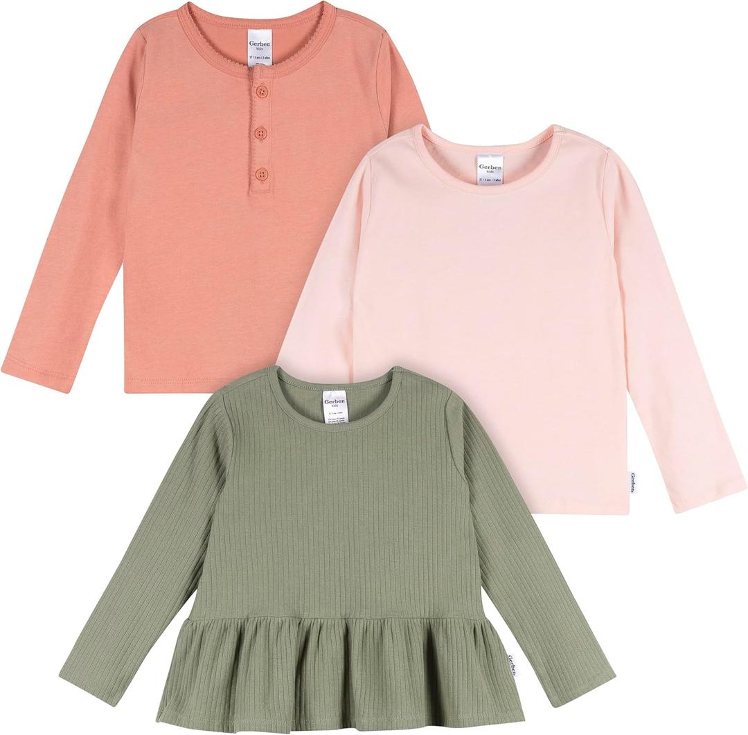 Gerber Baby-Girls 3-Pack Long Sleeve Shirts (4T, Green, Pink & Coral)