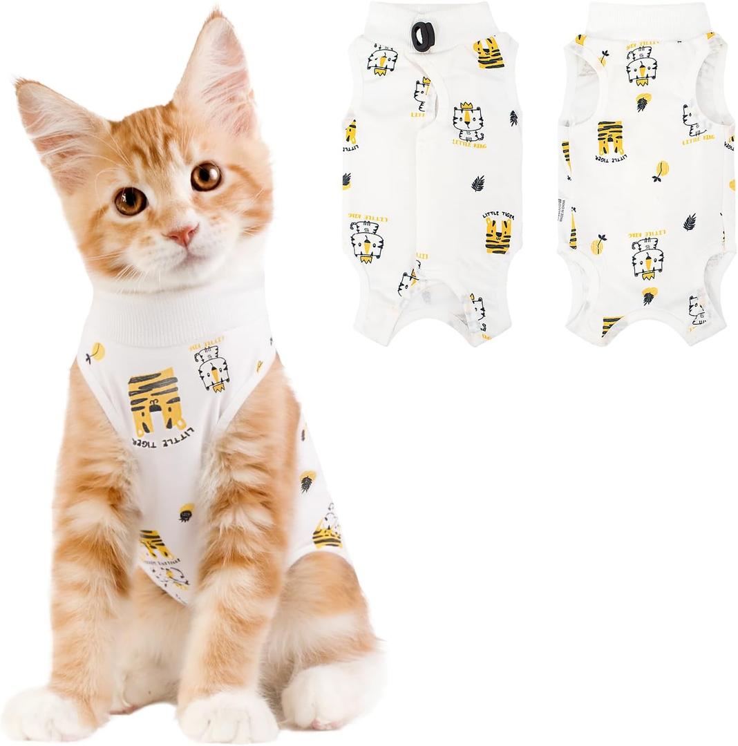 Cat Recovery Suit Female, Breathable Cat Onesie After Surgery Female for Abdominal Wounds or Skin Diseases, Surgery Recovery Suit Kitten Onesie After Spay Wear Anti Licking (Small, Tiger)
