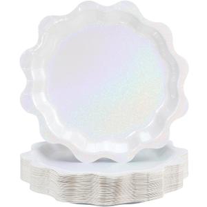 Havawish 50 Pcs White Shimmer Wavy Foil Paper Plates 9 Inch Shell Edge Disposable Dinner Plates for Bachelorette Decorations, Happy Birthday Party, Baby Shower, Disposable Tableware, Bridal Shower