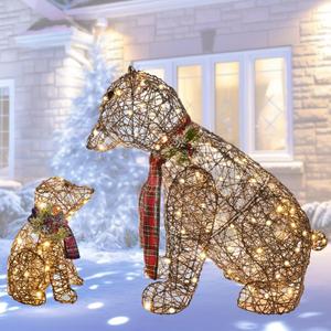 Lighted Rattan Polar Bear Family 2PCS - Large All-Weather Light Up Outdoor Christmas Dcor for Front Yard and Lawn with 140 LED Lights, Zip Ties, Extension Cord, and Ground Stakes