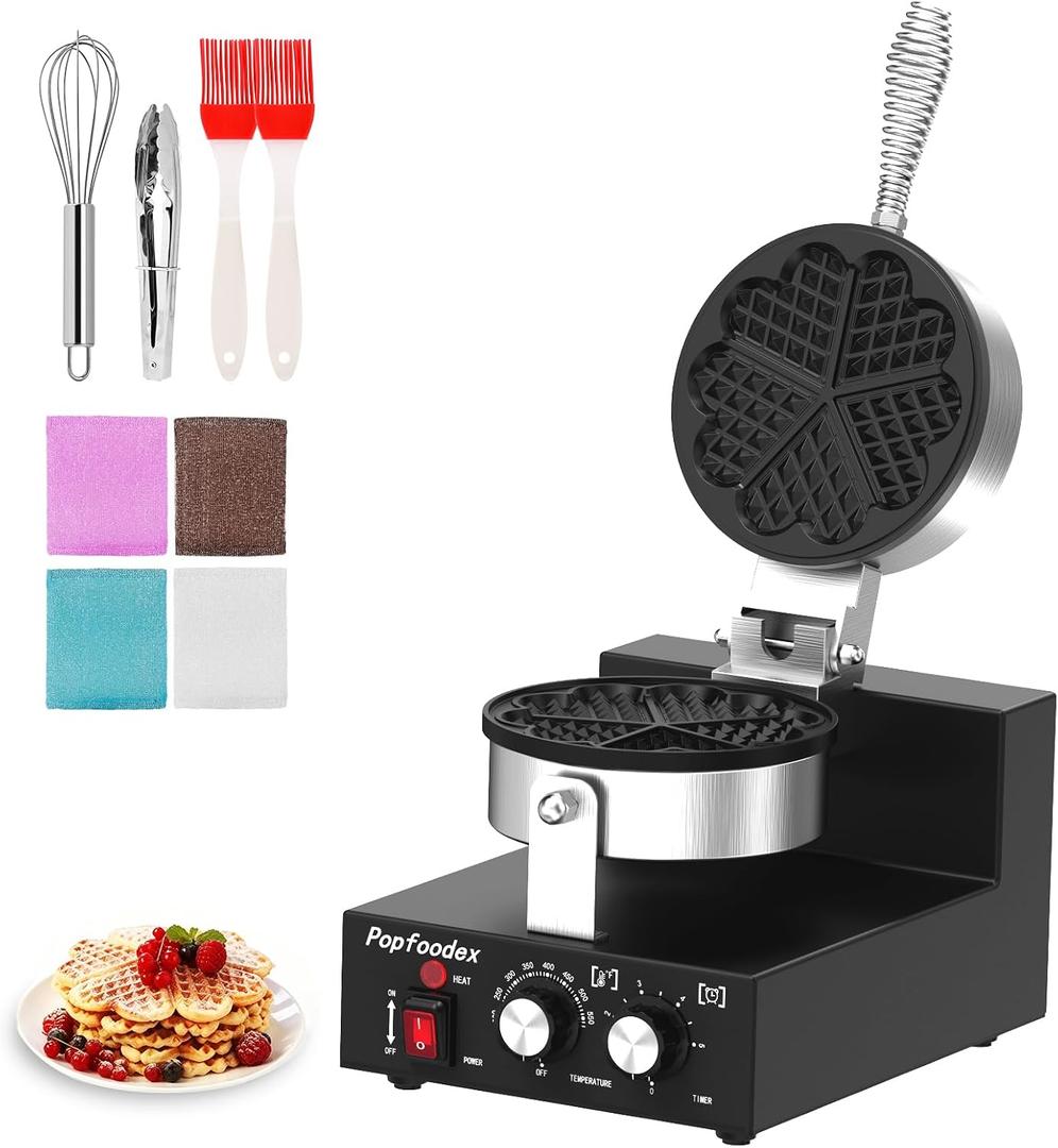 Commercial Heart Waffle Maker — Non-Stick Electric Waffle Machine, Independent Temp Control (122-572°F) & Timer, 1200W Heart Shaped Waffle Maker, for Commercial & Home Use
