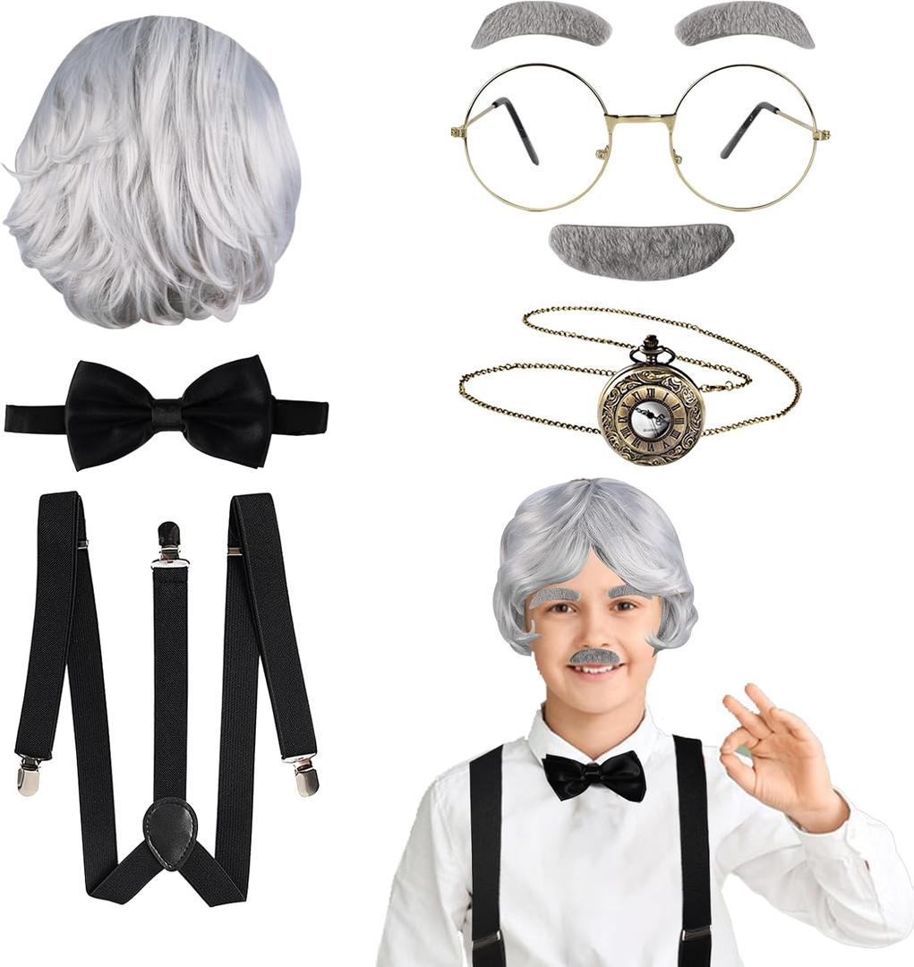 Fraiieon 1920s Old Man Costume Set for Kids 100th Day of School Grandpa Cosplay Accessories (Wig, Glasses, Bow Tie, Suspenders, Eyebrows & Mustache, Watch) (Gray)