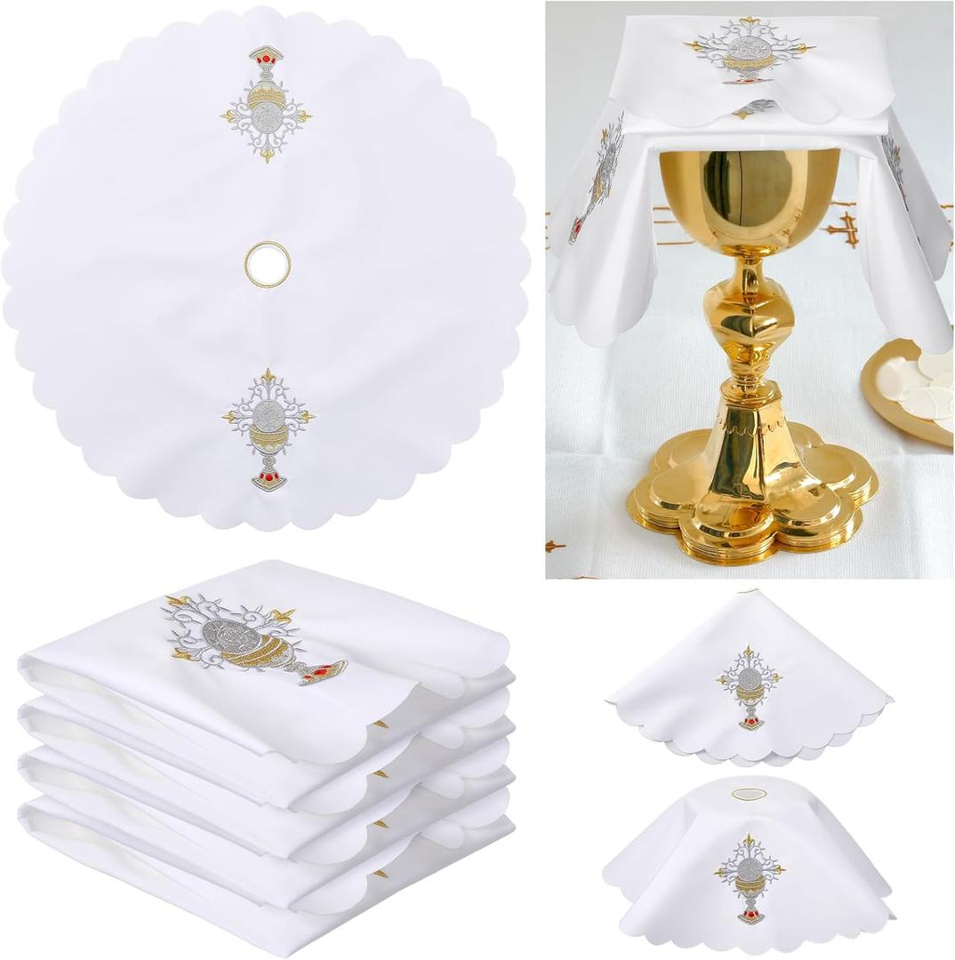 4 Pcs 17.7 Inch Altar Cloth Chalice Pall Veil Catholic Altar Supplies White Round Churches Set with Gold Cross Chalice Embroidery for Priest Church Gatherings Baptism Ceremonies