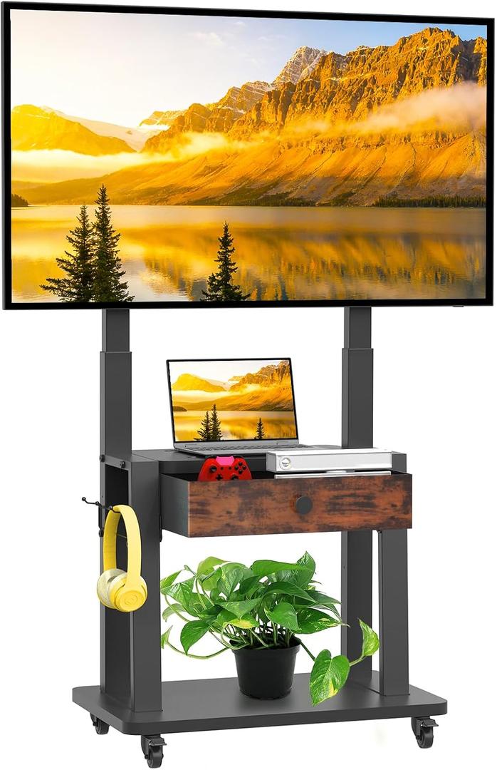 Rolling TV Stand with Fabric Drawer for 32-75 Inch Flat/Curved Screen Adjustable Height LCD/LED/OLED with Storage Mobile TV Cart on Wheels up to 220lbs for Home Office Outdoor Max VESA 600x400mm Black