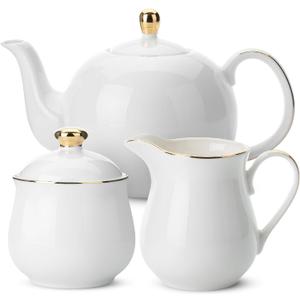 BTaT- 3 Piece Tea Set, Creamer and Sugar and Teapot Set, White Cream and Sugar Bowl and Creamer Set White Teapot Porcelain Teapot, Milk and Sugar Serving Set, Porcelain Tea Pot Ceramic Teapot