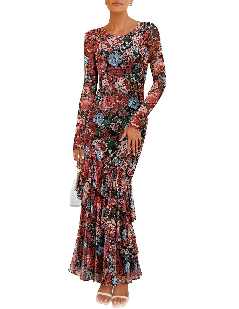 ZESICA Women's Spring Floral Wedding Guest Bodycon Dresses 2026 Long Sleeve Crewneck Mesh Ruffle Mermaid Party Maxi Dress Floral Black, Medium