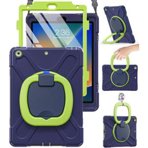 BRAECN Kids Protective Case for iPad 10.2 Inch 9th/8th/7th Generation 2021/2020/2019 - Shockproof Hard Case with Kickstand, Handle Grip & Carrying Strap | Screen Protector & Pencil Holder - Navy+Green