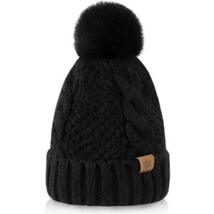 Winter Hats for Women- Winter Beanie Womens with Bobble, Soft Warm Ribbed Knit Cuffed Womens Winter Hat (Black)