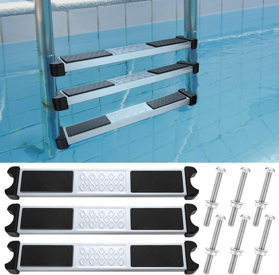 Therwen 3 Set Stainless Steel Pool Ladder Steps Replacement 1.9 Inch Non Slip Swimming Pool Ladder Rung with Bolts Swim Stairs Step Pedal for Above Ground Inground