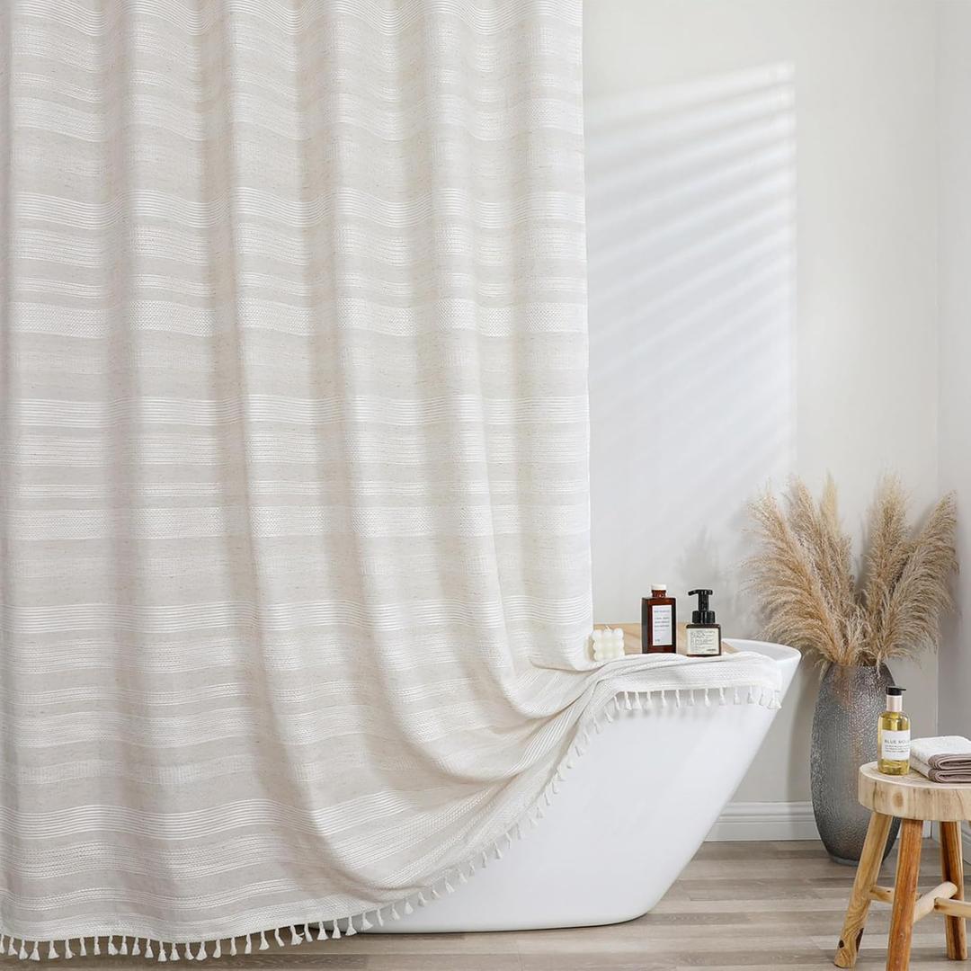 OVZME Extra Long Linen Shower Curtain 96 Inch Long, Boho Chic Textured Soft Fabric Heavy Duty Cloth Bathroom Shower Curtain with Tassel, Tall Farmhouse Luxury Bath Decor, 72Wx96L Inches