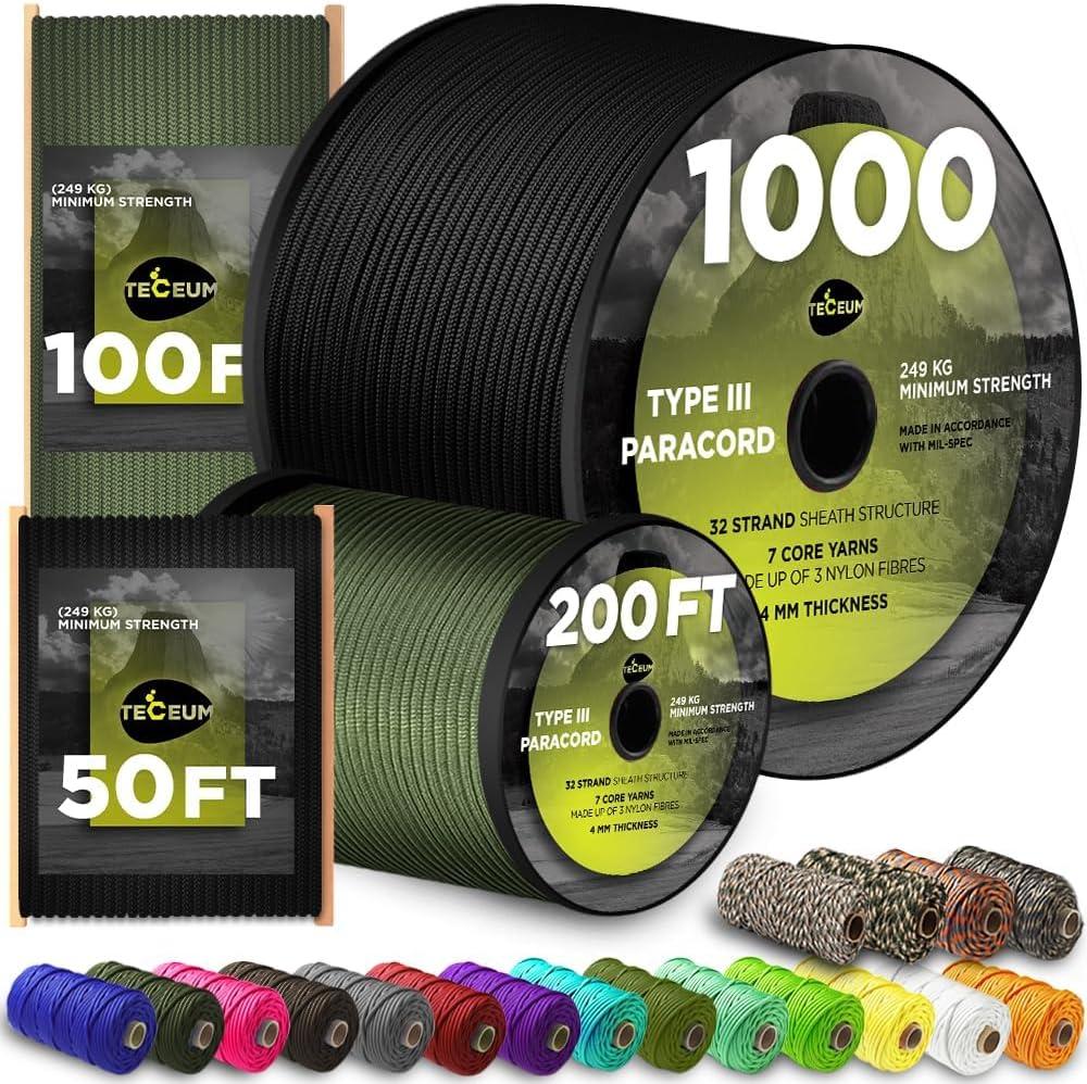 TECEUM 5/32" Paracord Rope 1000  1000ft / 200ft / 100ft / 50ft  Tactical Parachute Cord 4mm  45+ Colors  Nylon String for Survival & Camping Gear  Stripe Cord for Survival  Utility Rope (Black)