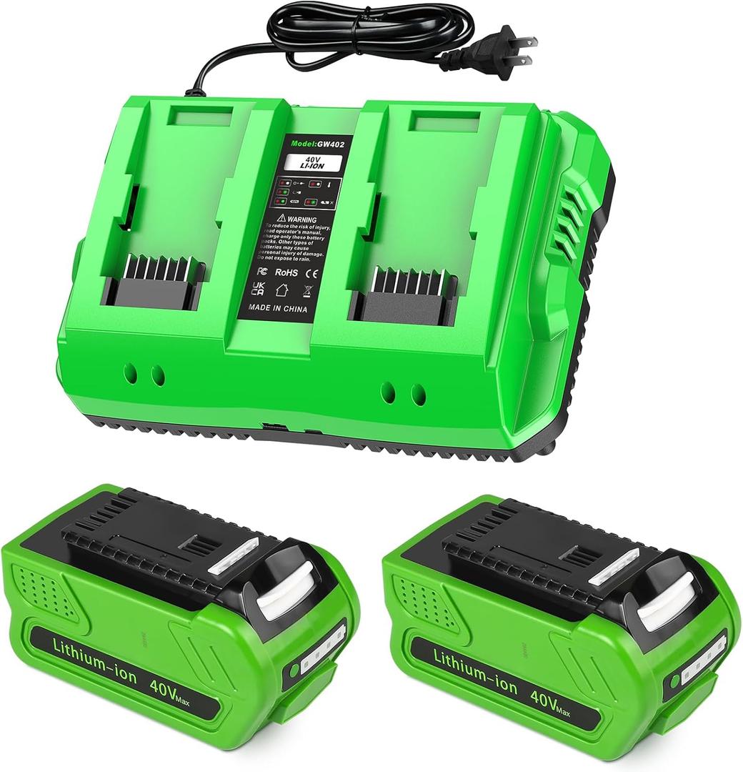 Amityke 2-Pack 40V 4.0Ah Lithium Battery Replacement for Greenworks 40V Battery and Charger Kit (Dual-Port Charger with USB Port)Compatible with Greenworks 40 Volt G-MAX Cordless Power Tools