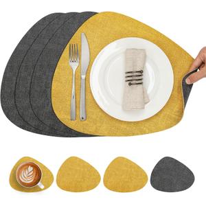 Placemats and Coasters, Washable Reversible Placemats Round Faux Leather Wipeable Place Mats Non Slip Heat Resistant Indoor Outdoor Table Mats (Set of 4, Gray Yellow)