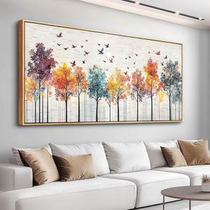 Abstract Colorful Forest Painting Wall Art for Restaurant Wall Decor for Living Room Bedroom Office Mural Colorful Bird Canvas Printing Artwork Home Decor Ready to Hang 24"x48" Wood Frame