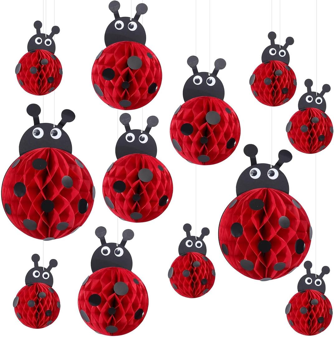 Amyhill 12 Pcs Large Ladybug Birthday Party Decorations Hanging 3D Ladybug Honeycomb Centerpieces Table Toppers Decoration for Birthday Baby Shower Party Supplies
