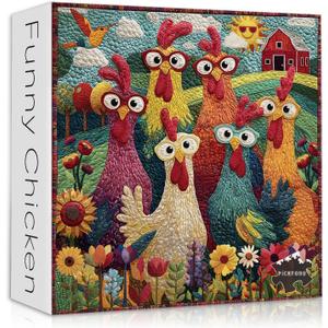 Chicken Puzzles for Adults 1000 Piece, PICKFORU Funny Chicken Jigsaw Puzzle, Garden Farm Flower Animal Rooster Themed, Patchwork Art Challenge Puzzle