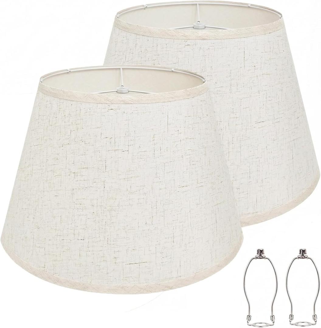 Large Lamp Shades Set of 2, Beige Drum Lampshades 10" Top x 16" Bottom x 10" High (Spider), Natural Linen Lampshades Replacement for Table Lamps, Floor Lamps, Harp Holders Included, Easy Assembly