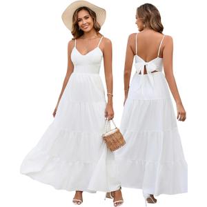 HTZMO Women Casual Summer Floral Maxi Sundress V Neck Spaghetti Strap Bow Tie Backless Flowy Boho Beach Long Dress 2026, Small