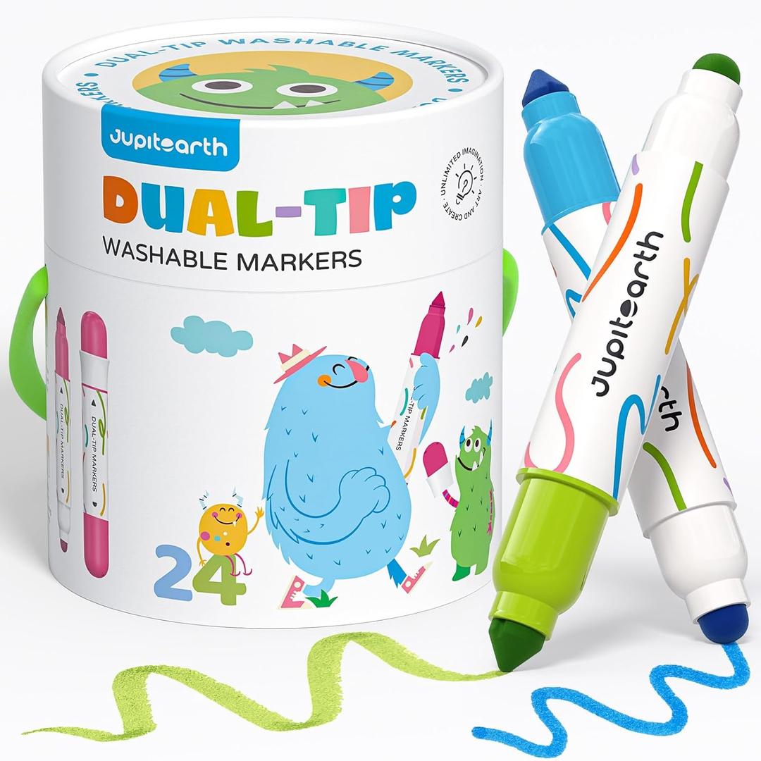 JUPITEARTH Washable Dual Tip Markers for Kids, Broad & Round Tip, Easy-Grip Design for Little Hands, 24 Vibrant Colors Toddler Markers with Portable Case, Preschool Art Supplies for Kids Toddlers