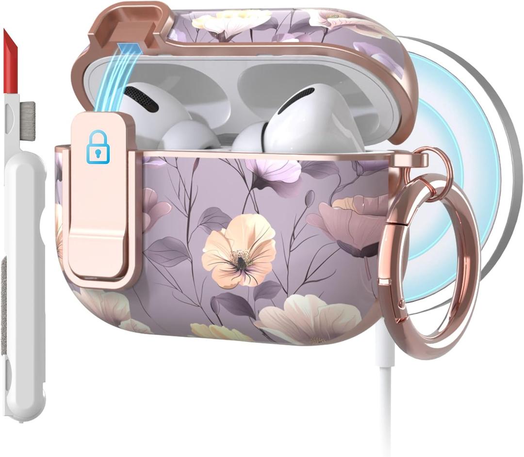 TATOFY for AirPods Pro 2nd Generation Case with Lock Carabiner Cleaner, Slim AirPod Pro 1st & 2nd Hard Case Cover, Compatible with MagSafe (Gray Purple) (Violet)