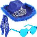 Funtery 3 Pieces Cowboy Cowgirl Costume Accessories Cowgirl Hat with Tiara Crown Heart Shaped Sunglasses Bandanas for Women Men Teens, Blue (Blue)