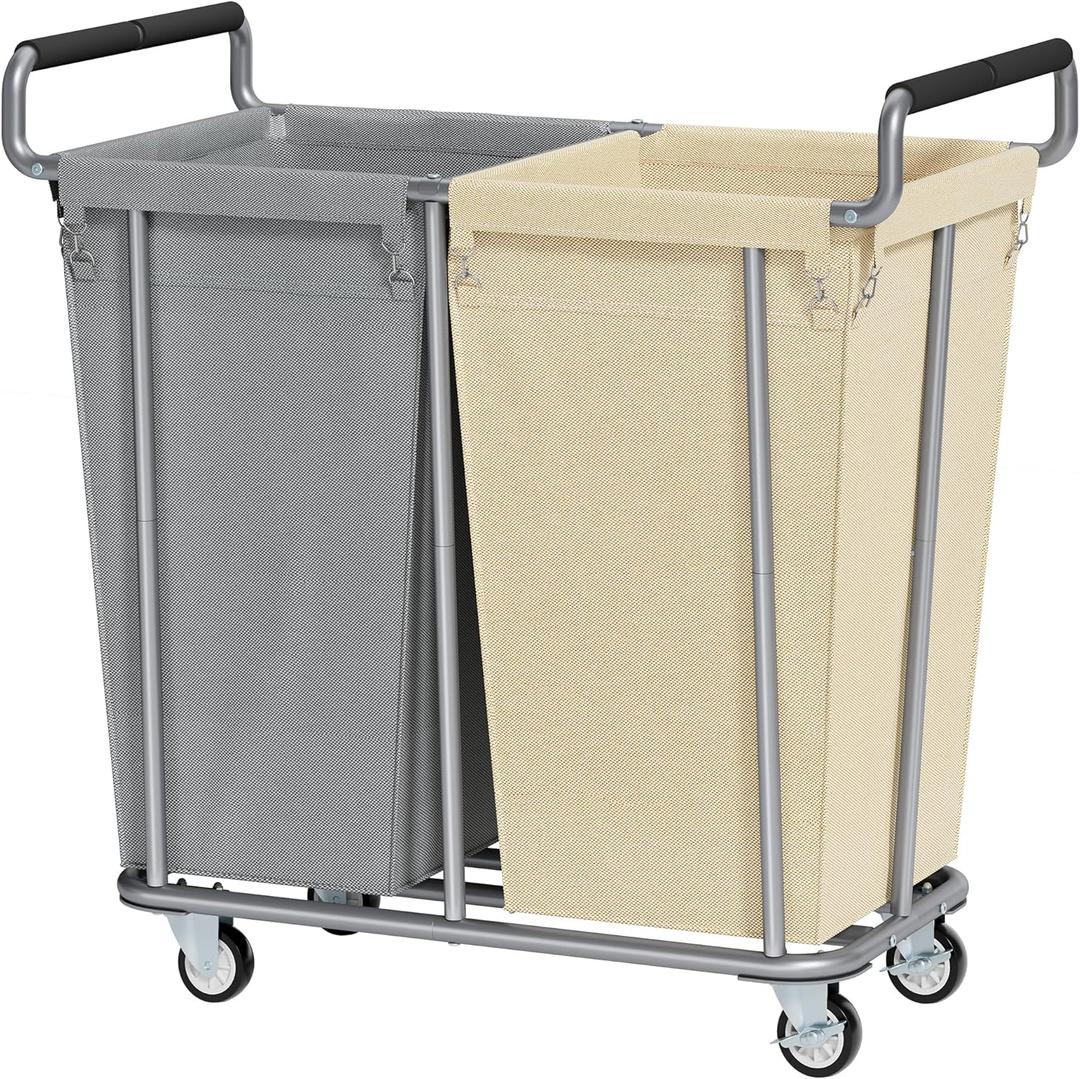 Gewudraw Large laundry hamper with Wheels, 2 Bag 360L Big Rolling Laundry Basket Sorter Cart, Extra Large Laundry Clothes Hamper, Heavy Duty Laundry Basket Organizer for Laundry Room,Bathroom (Gray+Beige)
