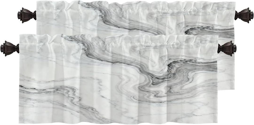 White Gray Abstract Marble Kitchen Valances for Windows,Black Art Curvy Wave Blackout Valances Curtains Multilayer Polyester Drapes for Kitchen Bedroom 2 Pack 52X18 Inches