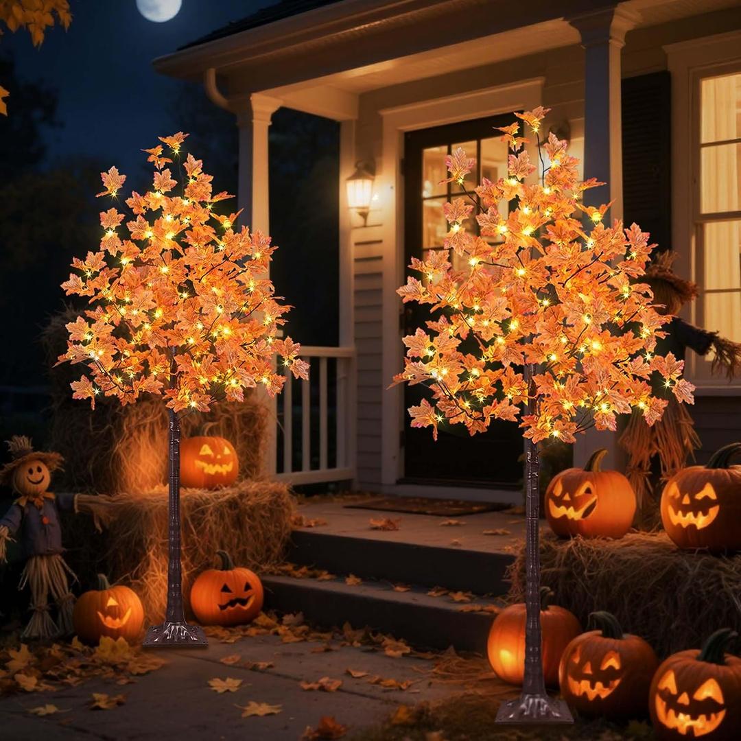 2-Pack 6 Ft Lighted Maple Trees, 240 Warm White LEDs, Fall Decor | Set of 2 with 120 warm white LEDs per tree, 24V low-voltage power, IP44 rating, and 8 ground stakes included