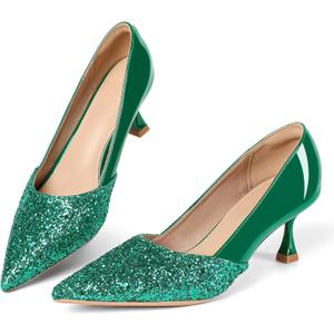 Women's Kitten High Heels 2 Inch Sequin Pointed Toe Leather Pumps Comfortable Slip On Wedding Party Dress Stilettos Shoes (9, Green)